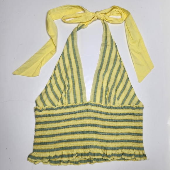 Free People Steffi Halter Top Size Medium Yellow Stripe Boho Festival Summer - Picture 1 of 6